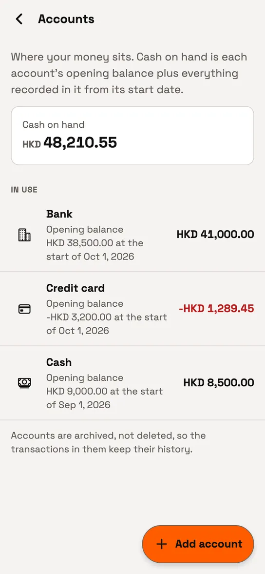 Catch8 accounts screen: bank, card and cash accounts with their balances.