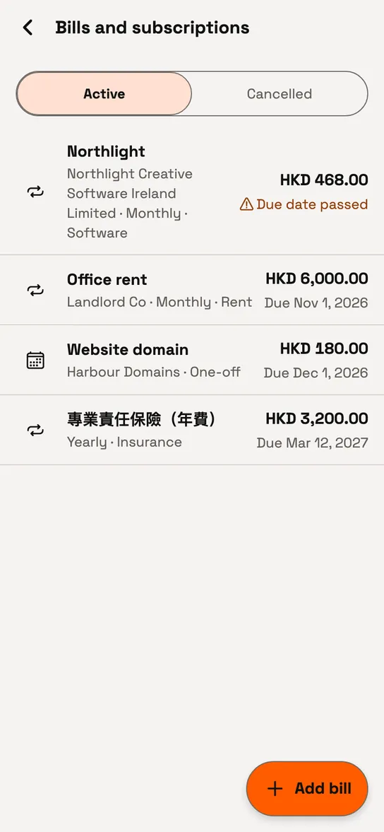 Catch8 list of bills and subscriptions with their due dates.