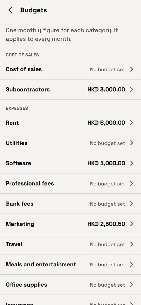 Catch8 budgets screen with a monthly budget for each category.