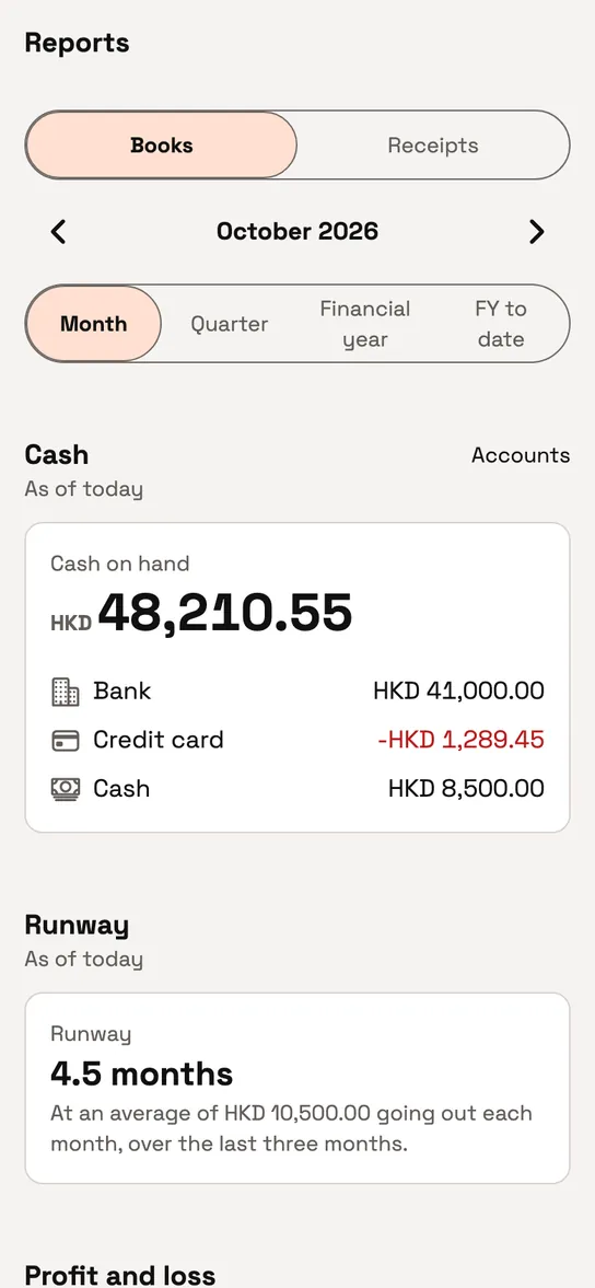 Catch8 reports: cash in each account and the runway for the month.