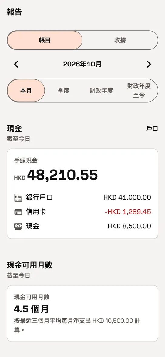 Catch8 報告:每個戶口的現金及當月的現金可用月數。