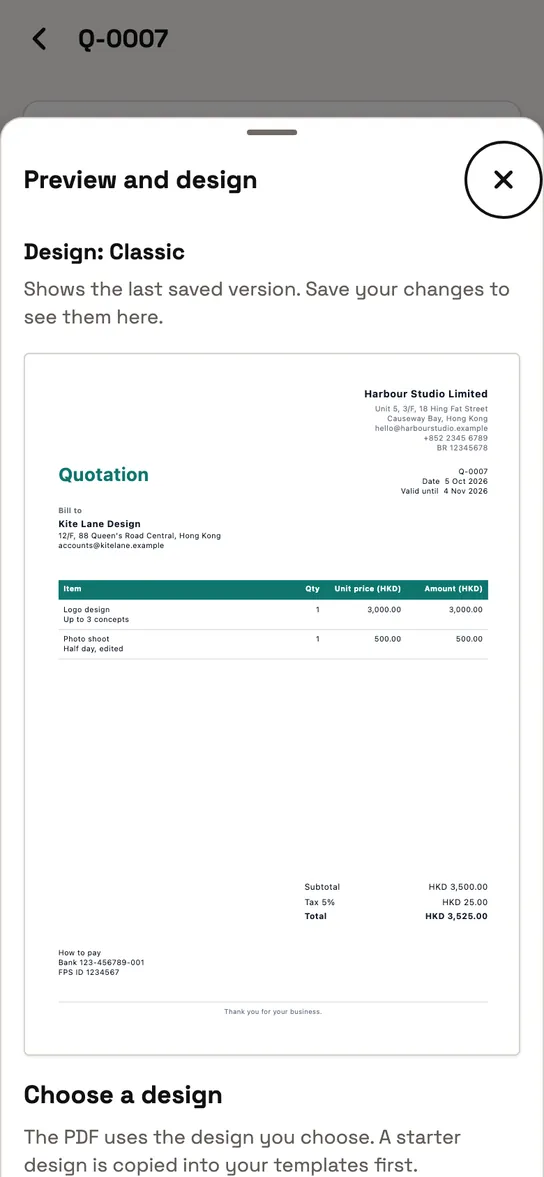 Catch8 quotation with its PDF preview in the Classic design.