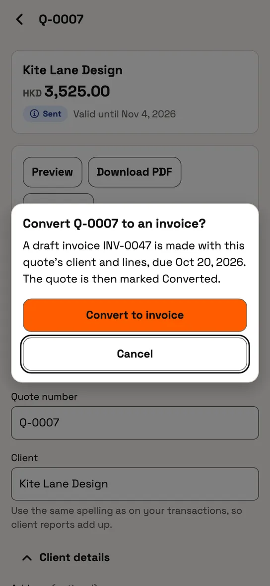 Catch8 asking to convert the quotation to a draft invoice.