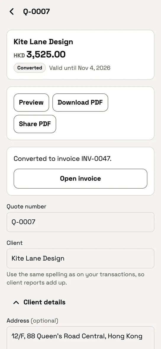 The quotation marked converted, with a button to open its invoice.